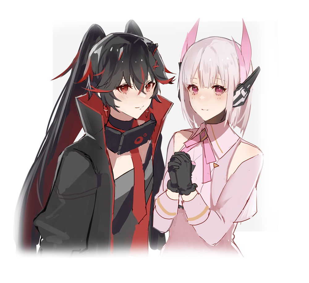 2girls black_coat black_gloves black_hair blush bob_cut clothing_cutout coat colored_inner_hair colored_tips commentary crossed_bangs earpiece earrings fake_horns gloves grey_background hair_between_eyes headgear horns jewelry kanane_li liv:_lux_(punishing:_gray_raven) liv_(punishing:_gray_raven) long_hair looking_at_viewer lucia:_plume_(punishing:_gray_raven) lucia_(punishing:_gray_raven) mechanical_horns multicolored_hair multiple_girls neck_ribbon necktie open_clothes open_coat own_hands_clasped own_hands_together pink_eyes pink_ribbon pink_shirt punishing:_gray_raven red_eyes red_necktie ribbon shirt short_hair shoulder_cutout small_horns smile twintails two-sided_coat two-sided_fabric upper_body variant_set white_eyes