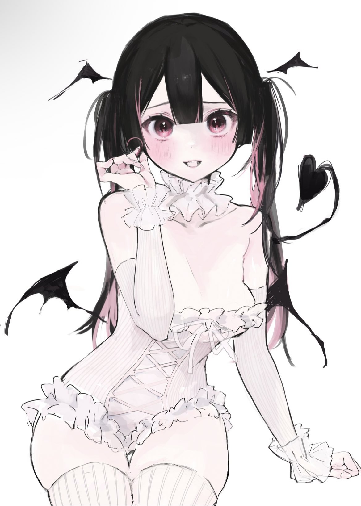 1girl black_hair blush breasts demon_girl demon_tail demon_wings detached_collar detached_sleeves frilled_leotard frills head_wings highres iq033 leotard long_hair looking_at_viewer low_wings medium_breasts multicolored_hair open_mouth original pink_eyes pink_hair simple_background smile solo tail thighhighs twintails two-tone_hair white_background white_leotard white_thighhighs wings