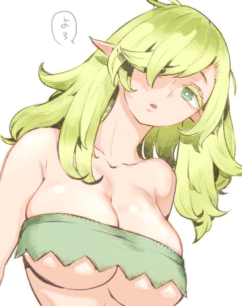 1girl bandeau bare_shoulders breasts collarbone commentary_request elf expressionless green_eyes green_hair hair_over_one_eye large_breasts long_hair looking_at_viewer nishi_yoshiyuki original parted_lips pointy_ears simple_background solo upper_body white_background