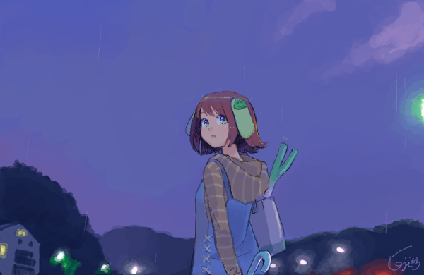 1girl bad_drawr_id bad_id bag blue_eyes blue_vest brown_hair brown_hoodie building cojibou frog green_eyes hair_ornament hood hood_down hoodie long_sleeves looking_at_viewer looking_back night night_sky oekaki original outdoors purple_sky rain short_hair signature sky solo spring_onion striped_clothes striped_hoodie umbrella vest