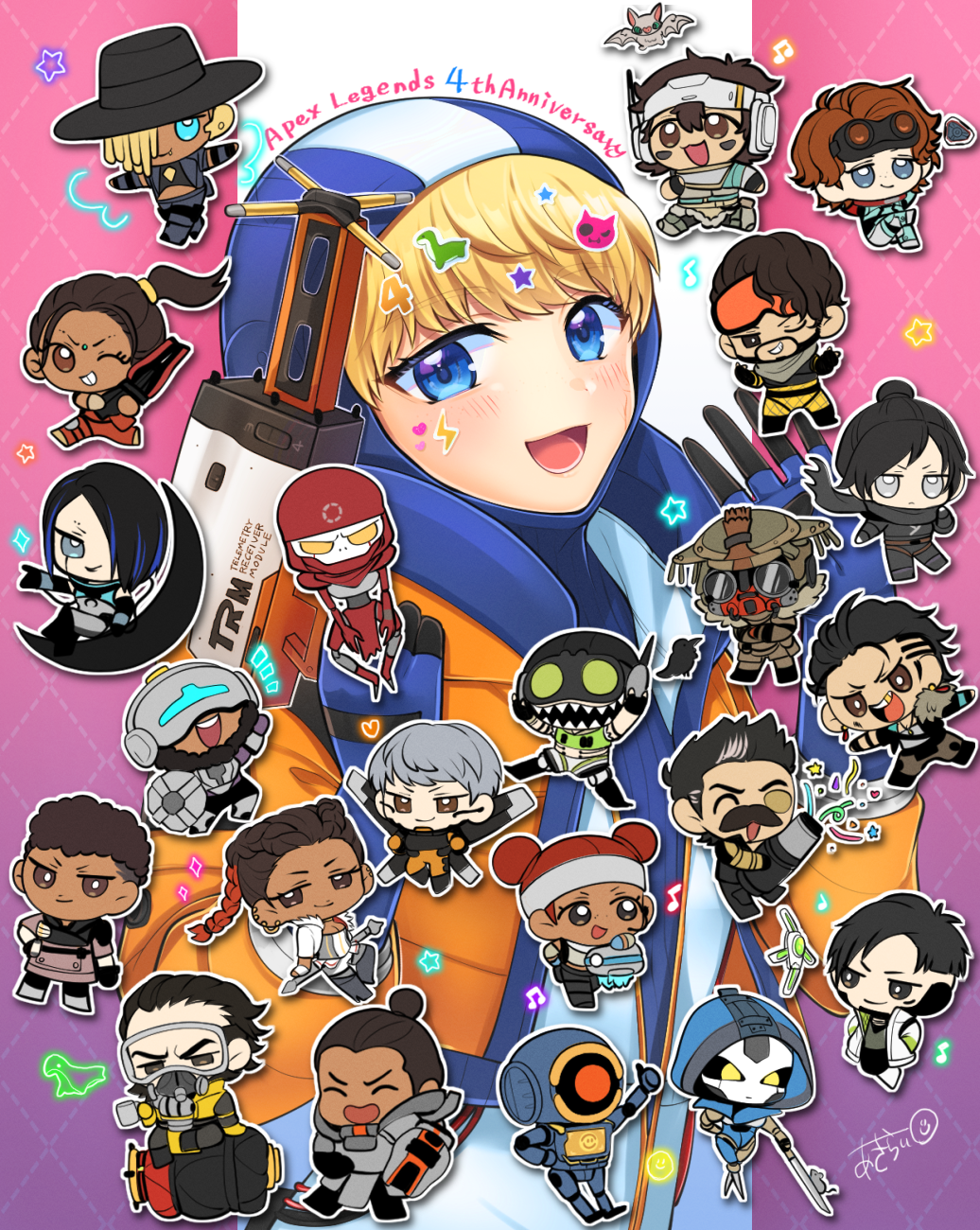 1other 6+boys 6+girls ^_^ akirai_(akry555) ambiguous_gender android animification anniversary apex_legends ash_(titanfall_2) bandana bangalore_(apex_legends) bird black_bodysuit black_eyes black_hair black_pants black_sclera blonde_hair bloodhound_(apex_legends) blue_bodysuit blue_eyes blue_gloves blue_jacket blue_leotard bodysuit braid bright_pupils brown_eyes catalyst_(apex_legends) caustic_(apex_legends) chibi classic_revenant closed_eyes colored_sclera confetti crow crypto_(apex_legends) double_bun dreadlocks energy_reader_(apex_legends) everyone eyepatch facial_hair facial_mark forehead_mark fuse_(apex_legends) gibraltar_(apex_legends) gloves goggles grey_headband hair_bun hair_ornament hair_slicked_back headband highres holding holding_cannon holding_sword holding_weapon hood hood_up hooded_leotard horizon_(apex_legends) humanoid_robot jacket leotard loba_(apex_legends) mad_maggie_(apex_legends) mirage_(apex_legends) mouse multiple_boys multiple_girls musical_note mustache nessie_(respawn) newcastle_(apex_legends) non-humanoid_robot octane_(apex_legends) one-eyed orange_eyes pants pathfinder_(apex_legends) rampart_(apex_legends) red_bandana red_eyes red_hair revenant_(apex_legends) ribbed_bodysuit robot seer_(apex_legends) sheila_(minigun) short_hair simulacrum_(titanfall) smile solid_eyes star_(symbol) star_hair_ornament sword twin_braids v-shaped_eyebrows valkyrie_(apex_legends) vantage_(apex_legends) wattson_(apex_legends) waving weapon white_bodysuit white_pupils wraith_(apex_legends) yellow_bodysuit yellow_eyes