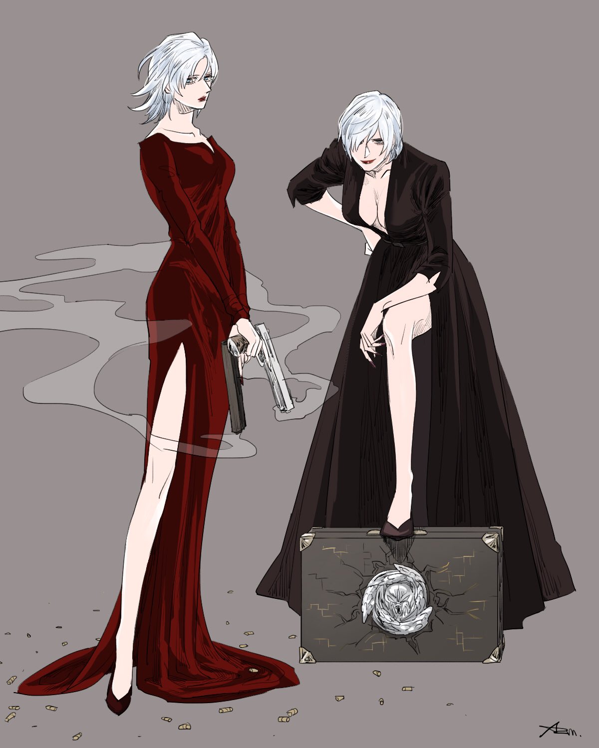 2girls azuma_xoxo_9 black_dress blue_eyes breasts dante_(devil_may_cry) devil_may_cry_(series) devil_may_cry_4 devil_may_cry_5 dress ebony_&amp;_ivory genderswap genderswap_(mtf) gun hair_over_one_eye handgun highres holding holding_gun holding_weapon long_dress long_sleeves looking_at_viewer mature_female multiple_girls pale_skin side_slit simple_background smile standing upper_body weapon white_hair