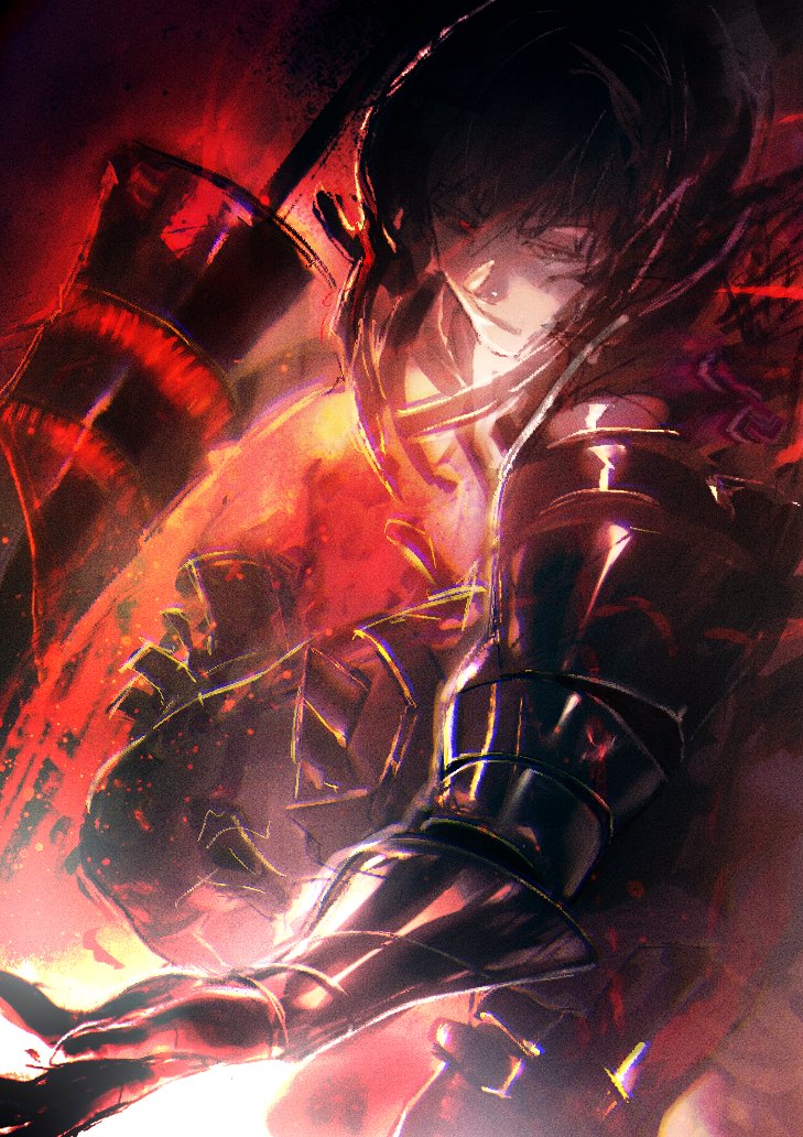 1boy ammenite amon_koutarou armor black_hair body_armor broken_helmet broken_mask fighting fighting_stance glowing glowing_eye holding holding_polearm holding_weapon javelin_(spear) looking_at_viewer mask muscular muscular_male polearm red_eyes spear tokyo_ghoul weapon