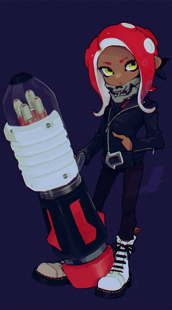1girl ballpoint_splatling_(splatoon) bandana belt black_bandana black_belt black_jacket black_pants blue_background boots closed_mouth commentary dark-skinned_female dark_skin dot_nose eyebrow_cut film_grain full_body gradient_hair hand_in_pocket holding holding_weapon imaikuy0 jacket long_hair looking_to_the_side multicolored_hair octoling_girl octoling_player_character pants partially_unzipped purple_hair red_hair skull_print solo splatoon_(series) standing suction_cups symbol-only_commentary tentacle_hair two-tone_hair weapon white_footwear yellow_eyes zipper zipper_pull_tab