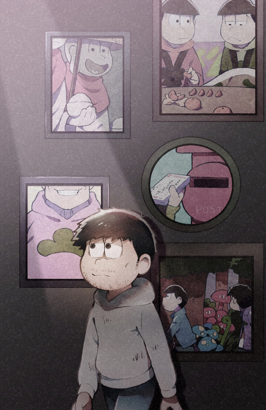 6+boys beard_stubble bowl brothers disheveled empty_eyes facial_hair food fruit green_kimono grey_sweater grin highres holding holding_bowl japanese_clothes japanese_cylindrical_postbox kimono kotatsu matsuno_choromatsu matsuno_ichimatsu matsuno_jyushimatsu matsuno_karamatsu matsuno_osomatsu matsuno_todomatsu michaelmatsu_(osomatsu-san) multiple_boys on_table orange_(fruit) orange_slice osomatsu-san ouka_(stan) photo_(object) red_kimono rice rice_bowl sextuplets siblings smile statue stubble sweater table yukata