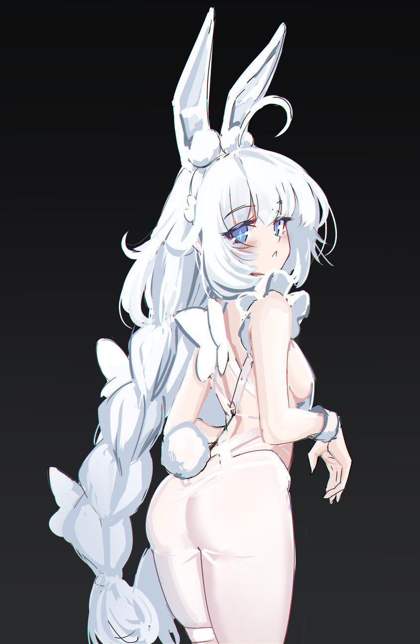 1girl animal_ears ass azur_lane black_background blue_eyes braid breasts fake_animal_ears fake_tail from_behind highres le_malin_(azur_lane) le_malin_(listless_lapin)_(azur_lane) looking_at_viewer looking_back low_twin_braids nstch_root_a official_alternate_costume pantyhose parted_lips playboy_bunny rabbit_ears rabbit_tail simple_background sketch small_breasts solo tail thigh_strap twin_braids white_hair white_pantyhose wrist_cuffs