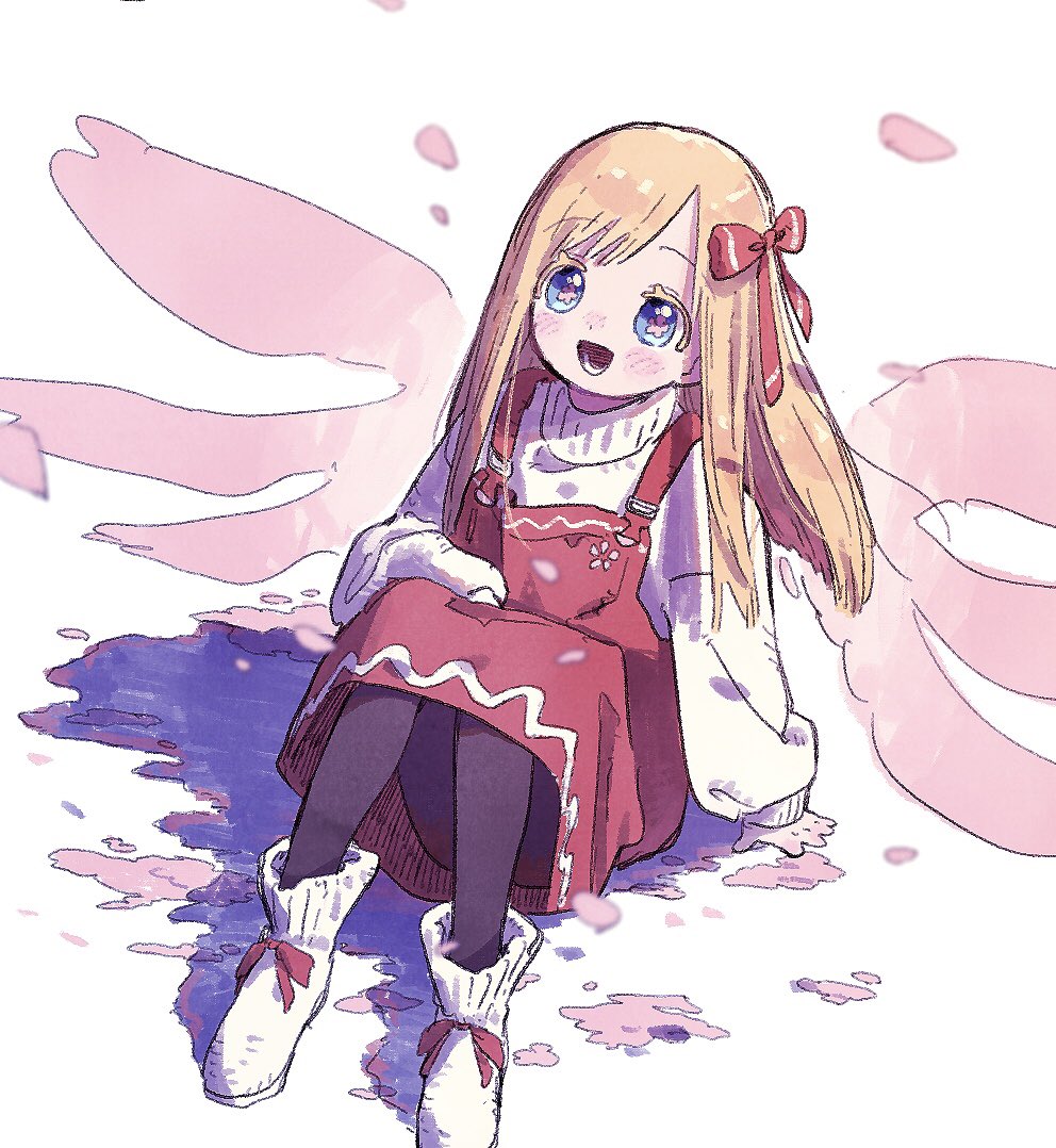 1girl :d alternate_costume black_thighhighs blonde_hair blue_eyes cherry_blossoms commentary_request fairy fairy_wings flower-shaped_pupils flower_wings hair_ribbon light_blush lily_white long_hair looking_up nama_udon overalls red_overalls red_ribbon ribbon sitting smile sweater symbol-shaped_pupils thighhighs touhou turtleneck turtleneck_sweater white_background white_footwear white_sweater wings