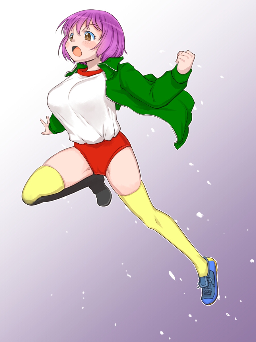 1girl breasts brown_eyes buruma character_request clenched_hand commentary_request copyright_request full_body gradient_background green_jacket grey_background gym_shirt gym_uniform highres jacket jumping long_sleeves medium_breasts open_clothes open_jacket open_mouth purple_hair red_buruma shirt short_hair solo teruki_kuma thighs white_shirt yellow_theme