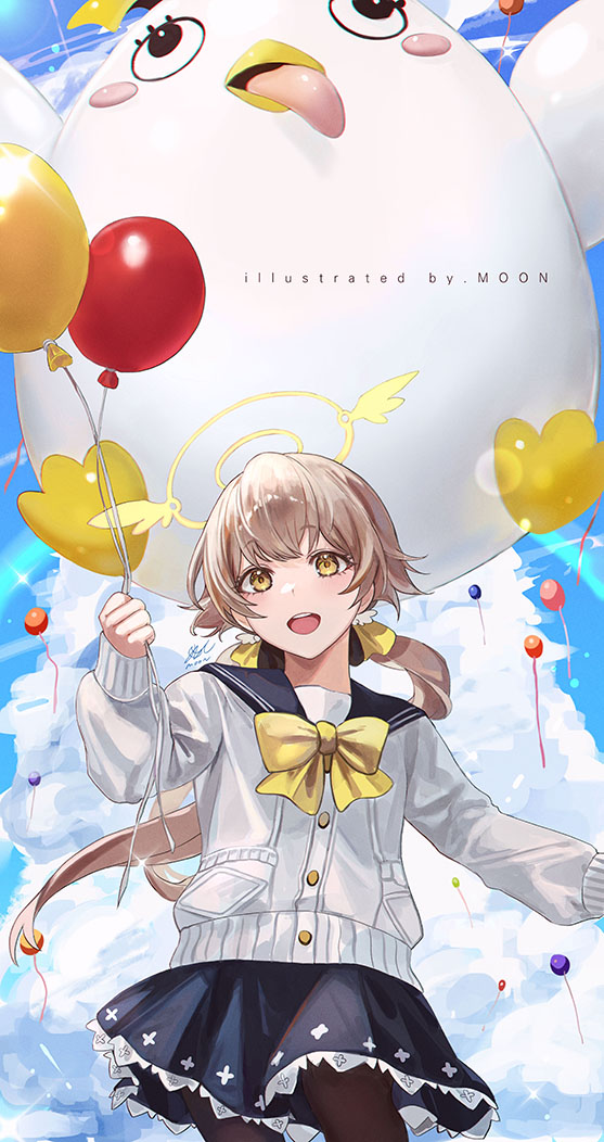 1girl balloon bird black_eyes blue_archive blue_skirt blue_sky bow bowtie brown_hair brown_pantyhose buttons cloud cloudy_sky day hair_between_eyes hair_bow halo hand_up hifumi_(blue_archive) holding holding_balloon long_hair long_sleeves looking_at_viewer low_twintails lyra_(lyra_e) open_mouth outdoors pantyhose peroro_(blue_archive) pocket puffy_long_sleeves puffy_sleeves sailor_collar signature skirt sky smile sparkle standing sweater teeth tongue tongue_out twintails white_sweater wings yellow_bow yellow_bowtie yellow_eyes yellow_halo