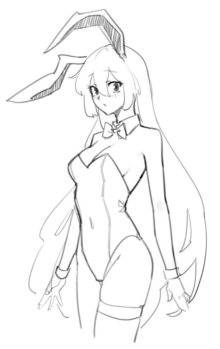 1641_(chfhrtor94) 1girl animal_ears bow bowtie breasts cleavage covered_navel covered_nipples cowboy_shot detached_collar highres leotard long_hair looking_at_viewer monochrome playboy_bunny rabbit_ears rabbit_girl reisen_udongein_inaba sketch small_breasts solo thigh_strap touhou very_long_hair wrist_cuffs