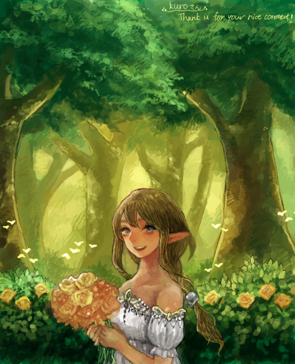 bad_drawr_id bad_id bouquet brown_hair bug bush butterfly character_request copyright_request day dress em_(emily) english_text flower forest holding holding_bouquet long_hair looking_at_viewer nature oekaki open_mouth orange_flower orange_rose original ponytail rose strapless strapless_dress thank_you tree white_dress yellow_flower yellow_rose