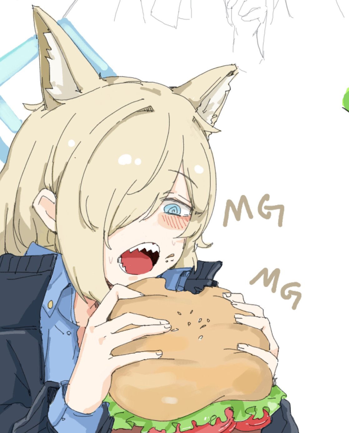 1girl @_@ animal_ear_fluff animal_ears black_jacket blonde_hair blue_archive blue_eyes blue_halo blue_shirt blush burger collared_shirt dog_ears dog_girl eating food gurenola hair_over_one_eye halo highres holding holding_food jacket kanna_(blue_archive) lettuce long_hair long_sleeves open_mouth sesame_seeds sharp_teeth shirt simple_background solo teeth tomato white_background