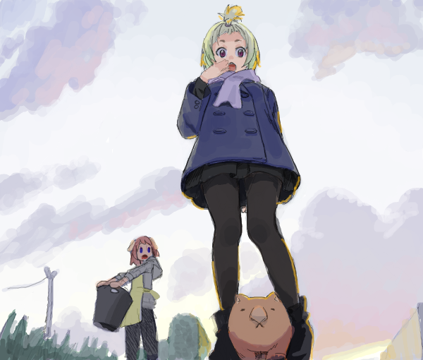 2girls :o animal_ears apron bad_drawr_id bad_id black_footwear black_pants blonde_hair blue_coat boots capybara cloud coat cojibou dog_ears dog_girl from_below green_hair looking_at_viewer minamimi-san multiple_girls oekaki one_side_up open_mouth original pants pantyhose scarf short_hair skirt sky standing