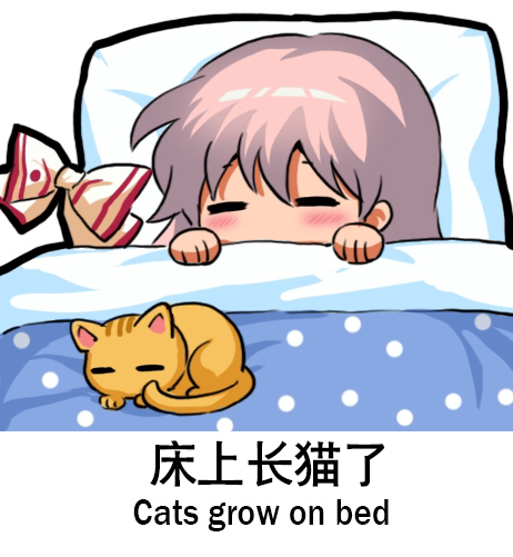 1girl animal bilingual bow cat chibi chinese_text english_text engrish_text fujiwara_no_mokou hair_bow jokanhiyou meme mixed-language_text ranguage ribbon simple_background simplified_chinese_text sleeping touhou white_background white_hair