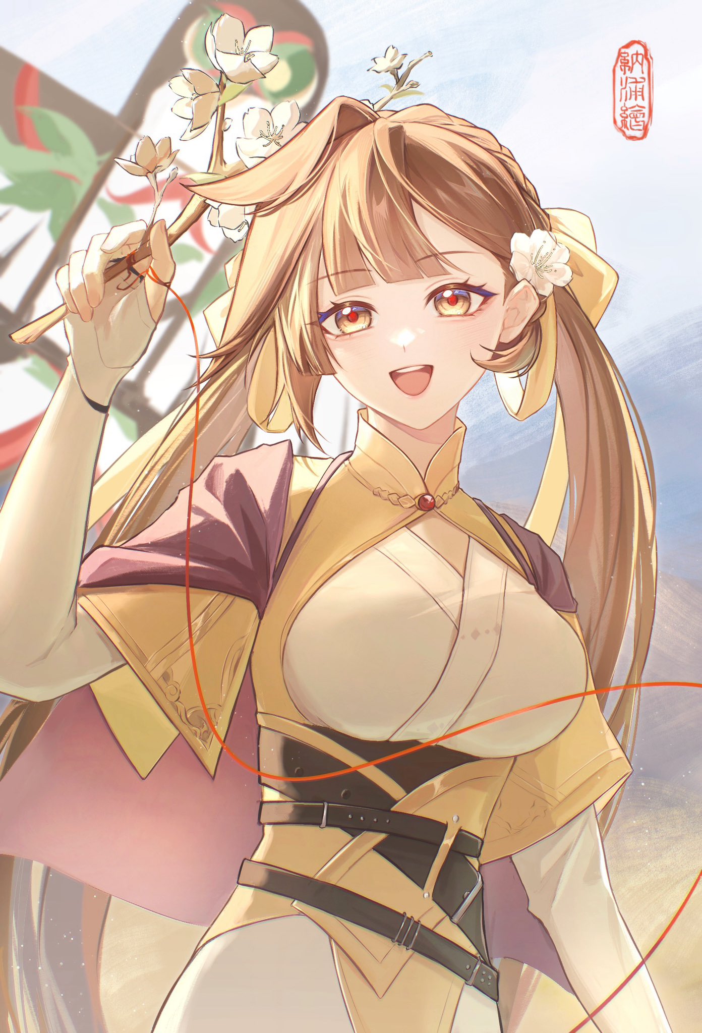 1girl :d arm_up branch breasts brown_eyes brown_hair commentary_request elbow_gloves fingerless_gloves flower gloves highres holding holding_branch honkai_(series) honkai_impact_3rd jacket japanese_clothes kimono li_sushang long_hair looking_at_viewer medium_breasts napppptt smile solo teeth upper_teeth_only very_long_hair white_flower white_kimono yellow_jacket