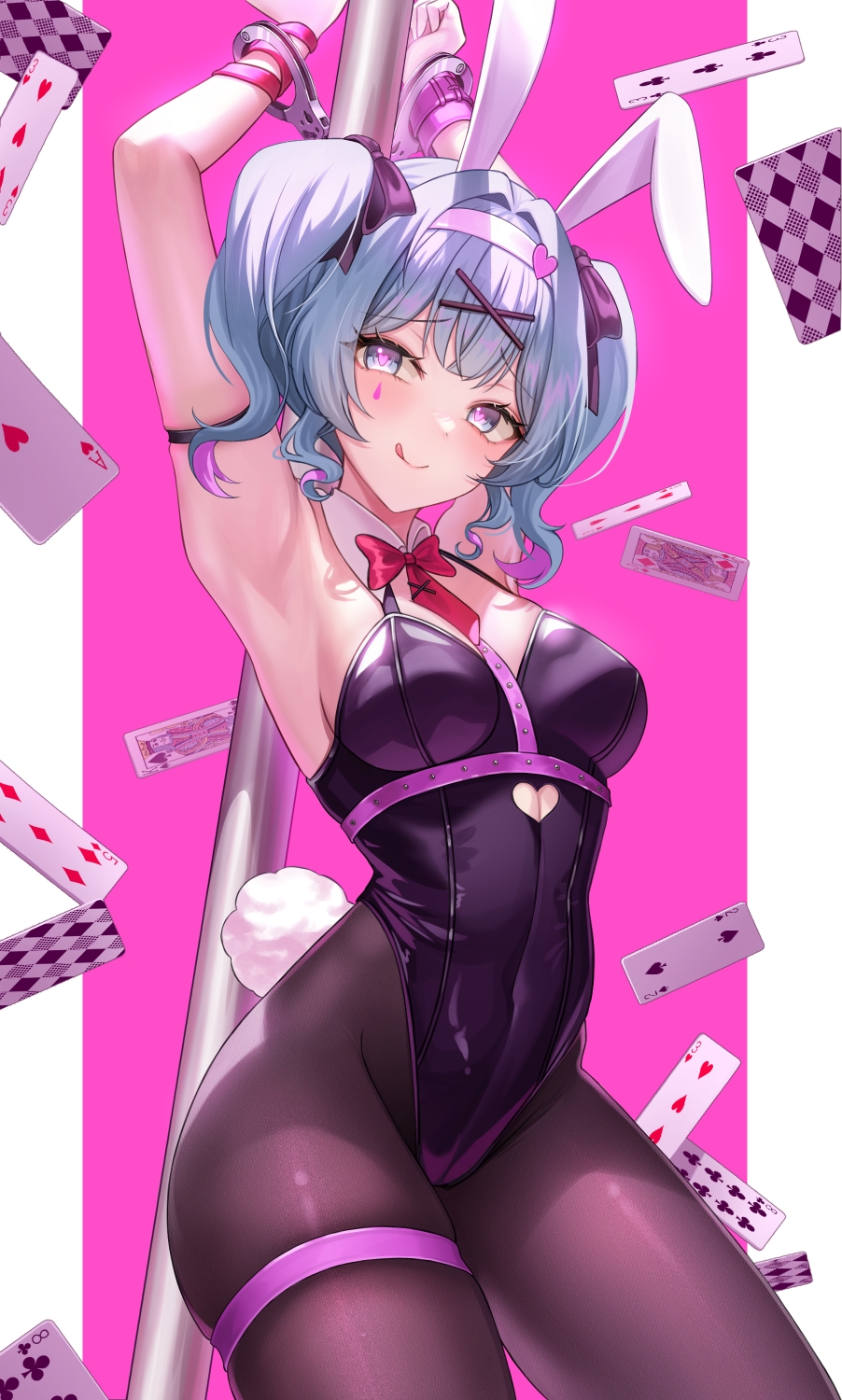 1girl ace_(playing_card) ace_of_hearts animal_ears aqua_eyes arms_up black_leotard blue_eyes blue_hair blush bow bowtie breasts card clothing_cutout colored_inner_hair cowboy_shot cuffs cutout_above_navel detached_collar fake_animal_ears grey_hair hair_intakes hair_ornament handcuffs hatsune_miku heart heart-shaped_pupils heart_cutout highres leotard licking_lips long_hair looking_at_viewer medium_breasts multicolored_hair pantyhose pink_pupils playboy_bunny playing_card pole ppudang purple_hair rabbit_hole_(vocaloid) rabbit_tail short_twintails smile solo stripper_pole symbol-shaped_pupils tail teardrop_facial_mark tongue tongue_out twintails vocaloid x_hair_ornament