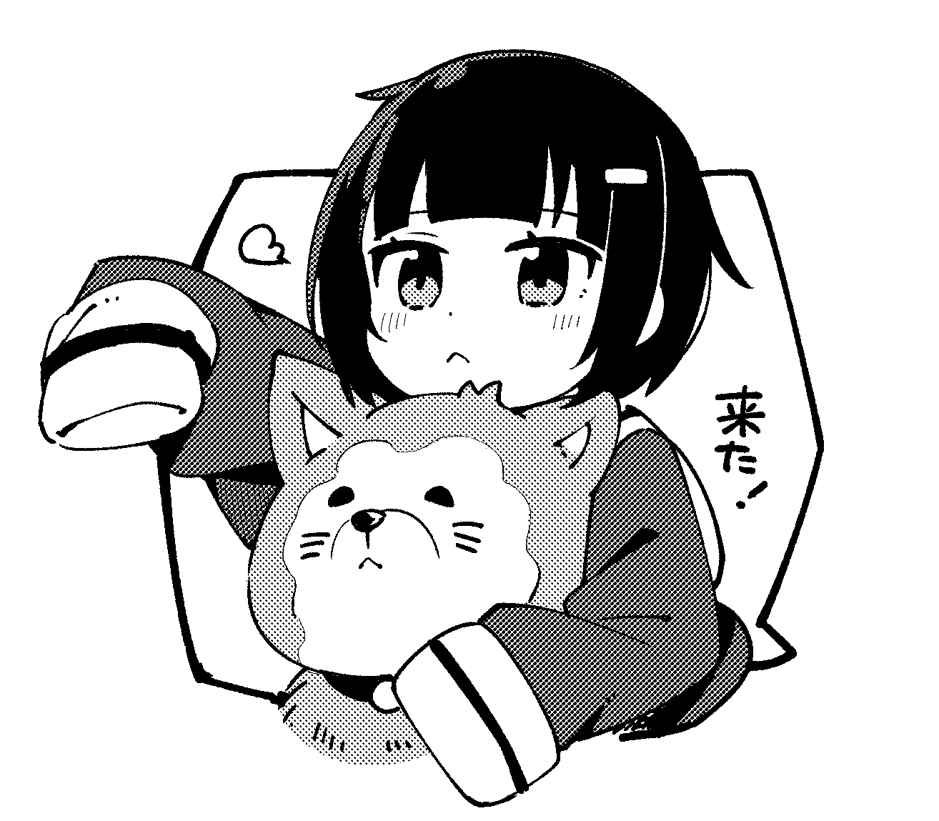 1girl :&lt; blunt_bangs blush cropped_torso dog greyscale hair_ornament hairclip head_on_head head_rest long_sleeves looking_ahead monochrome namo_(goodbyetears) outside_border outstretched_arm puff_of_air school_uniform screentones serafuku shinonome_akira short_hair shuumatsu_train_doko_he_iku? simple_background sleeves_past_fingers sleeves_past_wrists solo speech_bubble translation_request upper_body