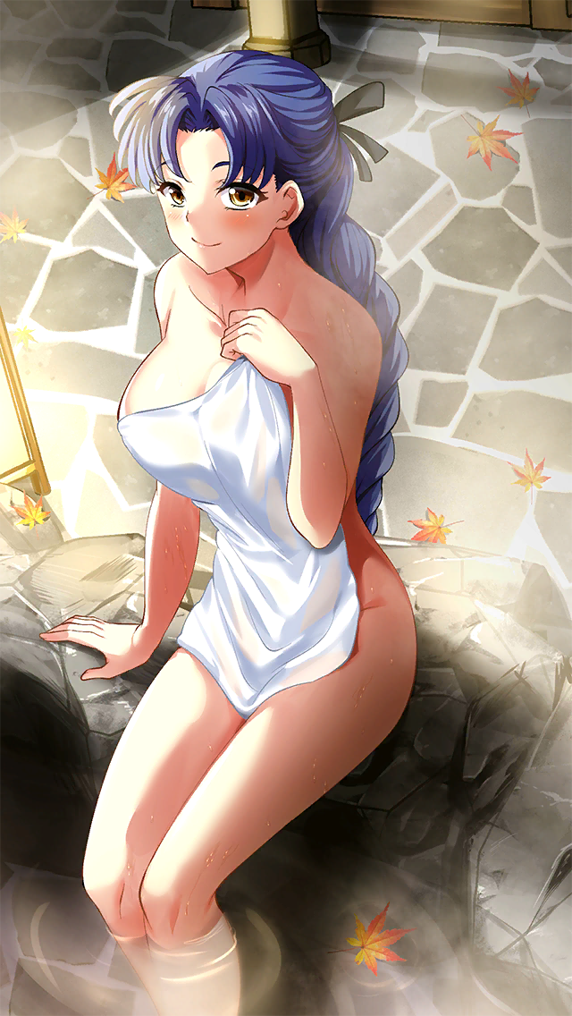 1girl autumn_leaves black_bow blue_hair blush bow braid braided_ponytail breasts closed_mouth collarbone covering_privates doukyuusei_2 doukyuusei_another_world game_cg hair_bow hair_intakes large_breasts leaf long_hair maple_leaf naked_towel narusawa_misako nude_cover official_art onsen outdoors single_braid sitting smile soaking_feet solo towel very_long_hair yellow_eyes