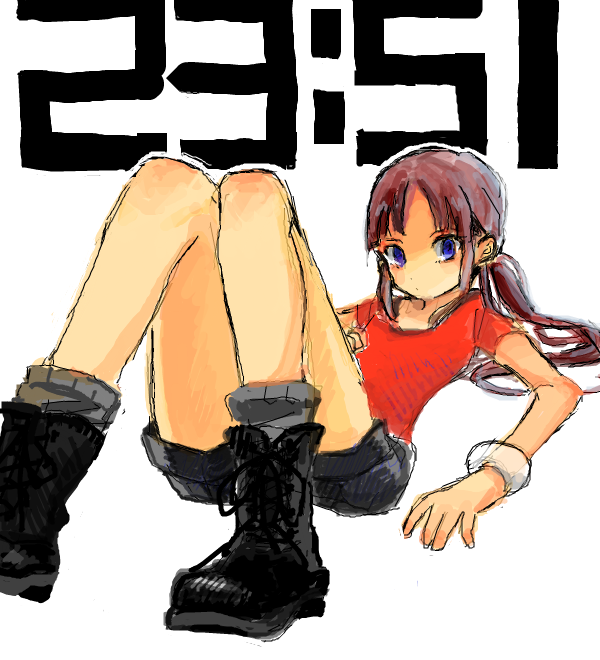 1girl bad_drawr_id bad_id bare_legs black_footwear black_shorts blue_eyes boots bracelet brown_hair character_request copyright_request grey_socks jewelry knees_up long_hair looking_at_viewer lying megamegaglass oekaki on_back ponytail red_shirt shirt short_sleeves shorts simple_background socks solo timestamp white_background