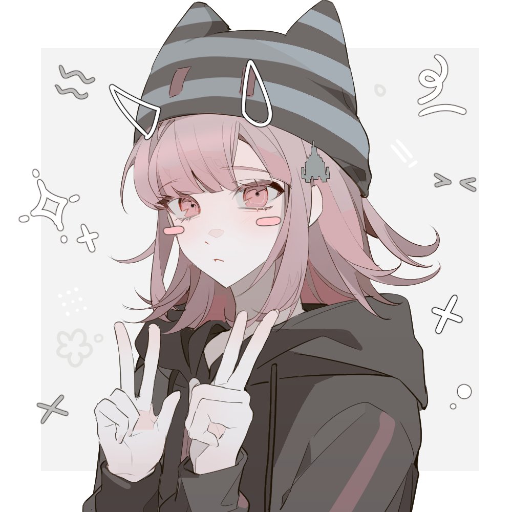 1girl black_hoodie blush_stickers brown_hair closed_mouth danganronpa_(series) danganronpa_2:_goodbye_despair double_v frown grey_background hands_up hood hoodie long_sleeves medium_hair nanami_chiaki pianjian pink_eyes solo spaceship_hair_ornament striped_clothes striped_headwear v white_background