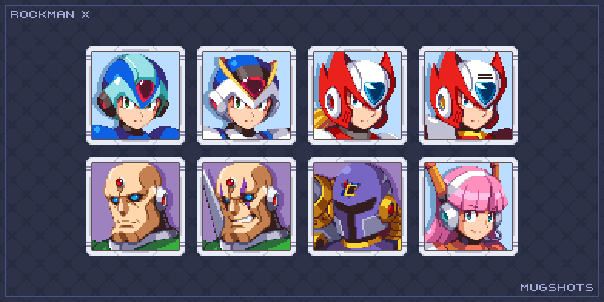 1girl android armor bald blonde_hair blue_eyes copyright_name english_text first_armor_x_(mega_man) forehead_jewel green_eyes helmet highres long_hair looking_at_viewer mega_man_(character) mega_man_(series) mega_man_x1 mega_man_x_(series) multiple_boys navigator_(mega_man) nghtmrsrph no_humans pink_hair pixel_art robot robot_ears shoulder_cannon sigma_(mega_man) smile teeth upper_body vile_(mega_man) x_(mega_man) zero_(mega_man)