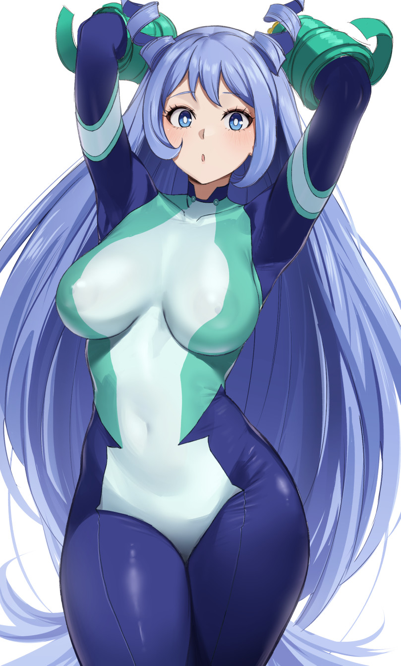 1girl :o arms_up blue_eyes blue_hair blush bodysuit boku_no_hero_academia breasts covered_nipples cowboy_shot fuooooo hadou_nejire highres impossible_bodysuit impossible_clothes large_breasts long_hair looking_at_viewer open_mouth simple_background solo thighs white_background