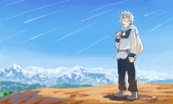 1boy backpack bad_drawr_id bad_id bag black_pants blue_sky character_request cloud cojibou copyright_request day full_body holding holding_bag hood hood_down hoodie long_sleeves male_focus mountain mountainous_horizon oekaki outdoors pants shooting_star short_hair sky solo standing white_hair