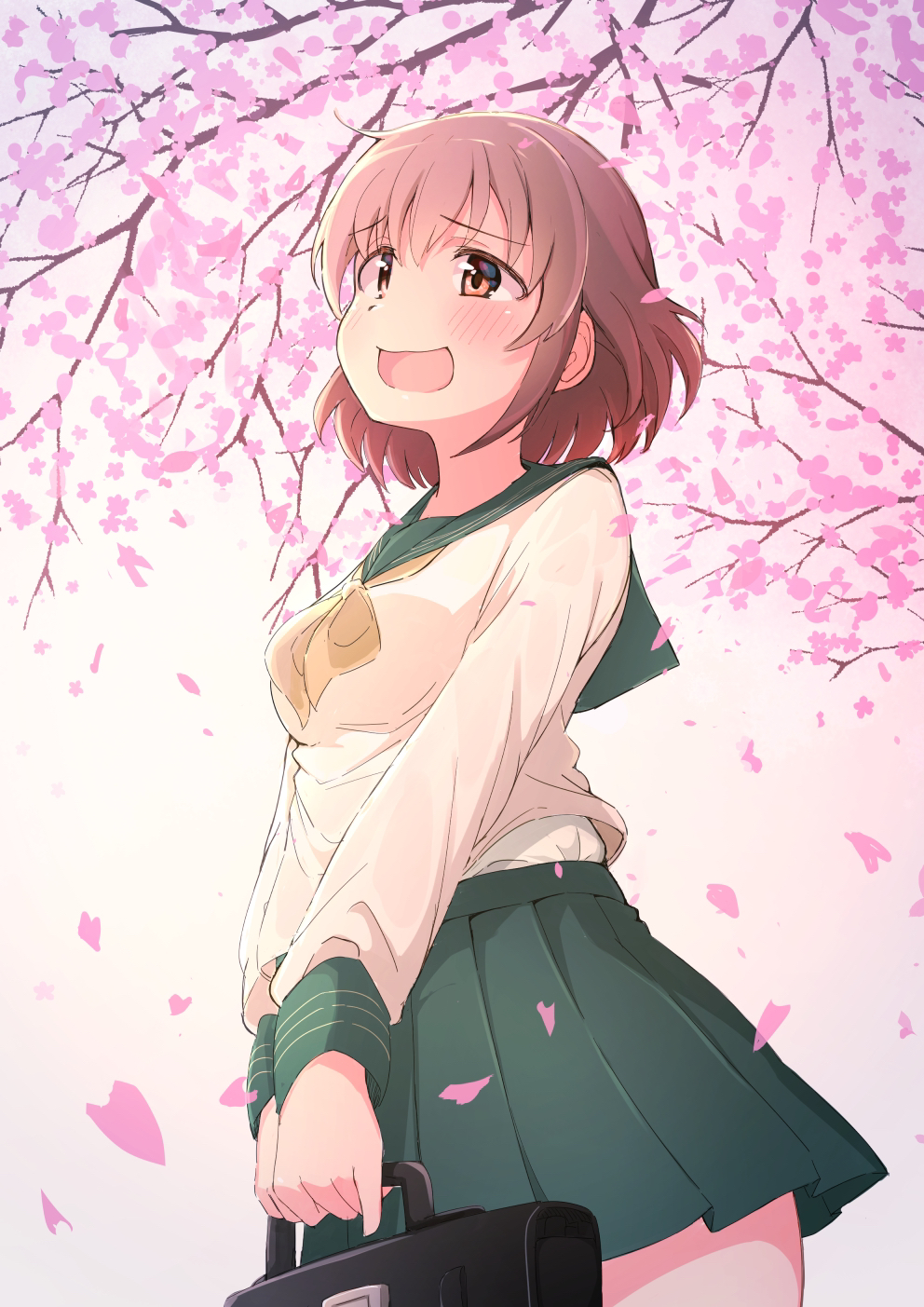 1girl :3 bag birthday black_bag blush branch breasts brown_eyes brown_hair cherry_blossoms commentary_request cowboy_shot day falling_petals flower from_below gradient_background green_neckerchief green_sailor_collar green_skirt highres holding holding_bag idolmaster idolmaster_cinderella_girls idolmaster_cinderella_girls_starlight_stage kita_hinako kuwahara long_sleeves medium_bangs medium_breasts medium_hair neckerchief official_alternate_costume open_mouth outdoors petals pink_flower pink_petals sailor_collar school_bag school_uniform serafuku shirt short_hair sidelocks skirt sleeve_cuffs smile solo spring_(season) standing straight_hair thighs tree undershirt uniform v_arms white_serafuku white_shirt white_undershirt