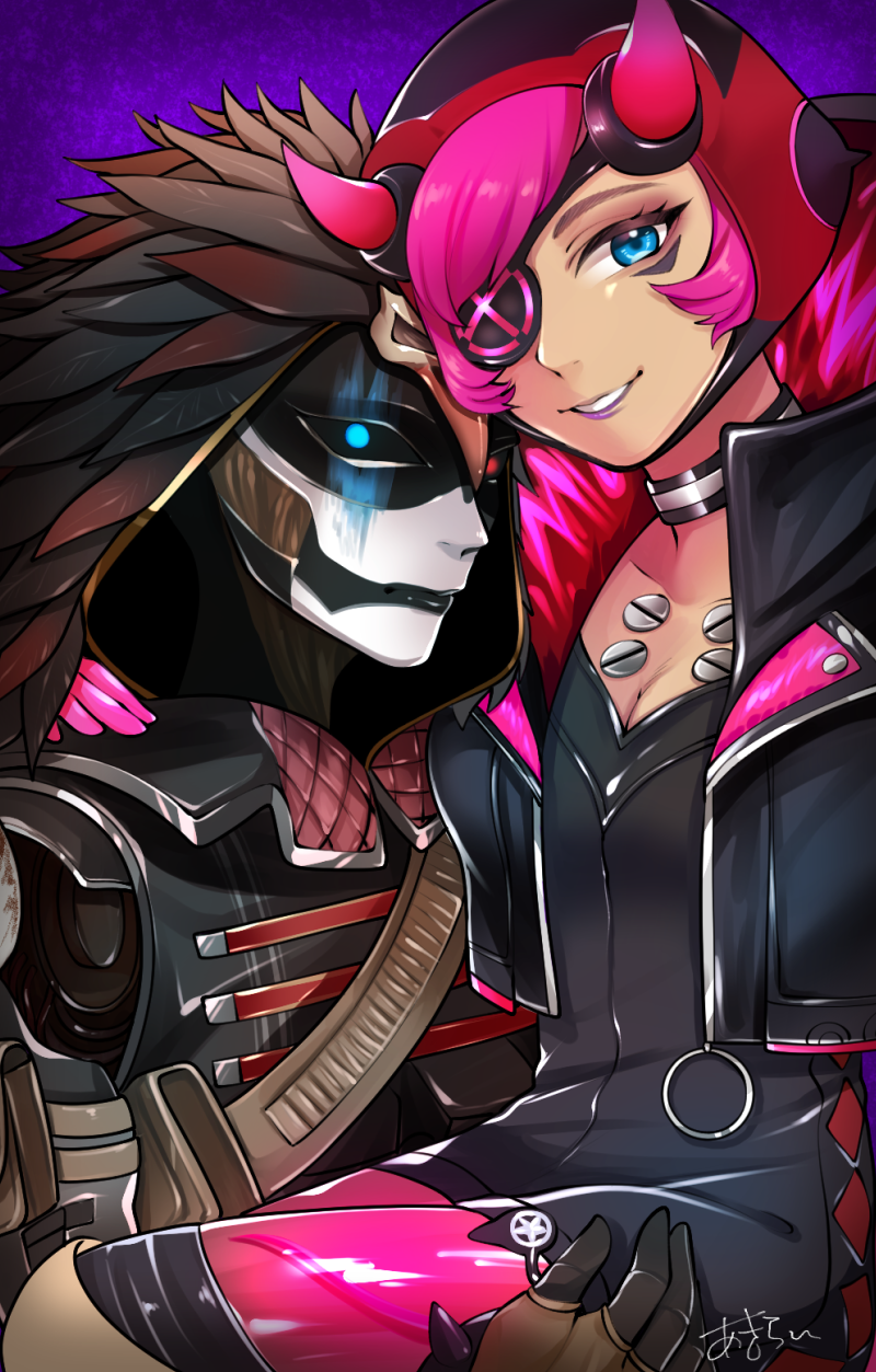 2girls akirai_(akry555) android animification apex_legends ash_(titanfall_2) black_bodysuit black_jacket blue_eyes bodysuit breasts cleavage cyber_punked_wattson eyeshadow fur-trimmed_hood fur_trim glowing glowing_eye grey_jacket hand_on_another's_shoulder heterochromia highres hood hood_down hood_up hooded_jacket horns jacket lifting_person looking_at_viewer makeup mechanical_legs medium_breasts mercenary_mystique_ash multiple_girls official_alternate_costume one_eye_covered parted_lips pink_eyeshadow pink_hair purple_lips simulacrum_(titanfall) smile wattson_(apex_legends) yuri