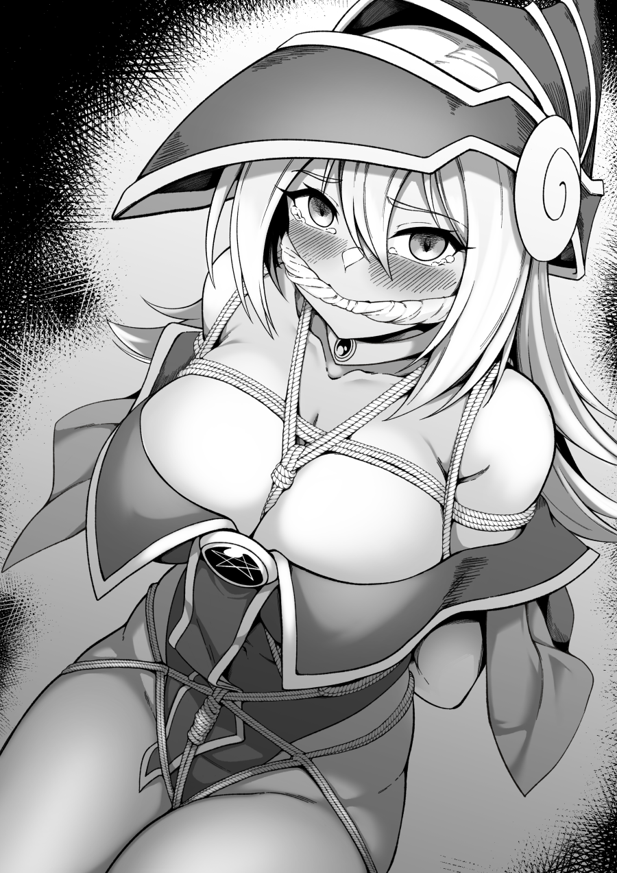 1girl arms_behind_back bare_shoulders blush breasts cleavage dark_magician_girl duel_monster gagged greyscale groin hair_between_eyes hat highres large_breasts long_hair looking_at_viewer monochrome rope shibari sitting solo tearing_up thealagator yu-gi-oh!