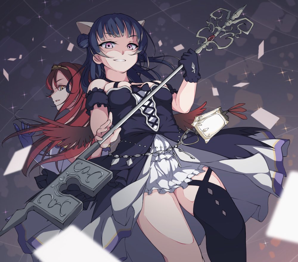 2girls animal_ears azukilib bare_shoulders black_bow black_gloves black_thighhighs blue_gloves blue_hair blurry blurry_foreground bow breasts cat_ears commentary_request confetti dress dutch_angle elbow_gloves feathered_wings frilled_dress frills from_below gem gloves grin hair_bun hand_up happy holding holding_key key lantern layered_dress long_hair looking_at_viewer looking_back love_live! love_live!_sunshine!! multiple_girls off-shoulder_dress off_shoulder oversized_object pink_eyes red_gemstone red_hair red_wings sakurauchi_riko sidelocks single_hair_bun single_thighhigh skindentation small_breasts smile sparkle standing teeth thighhighs tsushima_yoshiko v-shaped_eyebrows wind wings yellow_eyes yellow_tiara