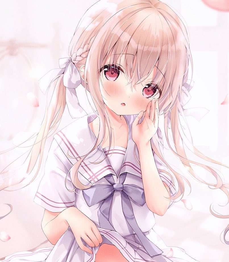 1girl amedamacon blurry blurry_background blush bow braid brown_hair clothes_lift commentary depth_of_field grey_bow hair_between_eyes hair_bow hand_to_own_mouth hand_up head_tilt long_hair looking_at_viewer low_twintails original out-of-frame_censoring parted_lips petals pleated_skirt red_eyes shirt short_sleeves skirt skirt_lift solo twintails very_long_hair white_bow white_shirt white_skirt