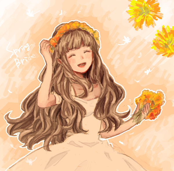 1girl ^_^ bad_drawr_id bad_id blush bouquet brown_hair character_request closed_eyes copyright_request dress english_text flower gradient_background happy head_wreath holding holding_bouquet long_hair looking_at_viewer megamegaglass open_mouth orange_background orange_flower orange_theme outline smile solo wavy_hair white_dress white_outline