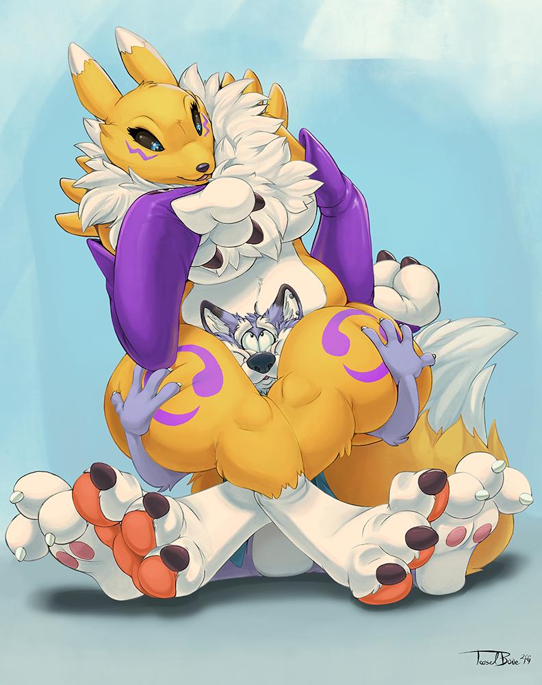 2019 3_toes anthro arm_length_gloves black_sclera blue_eyes breasts canid canine canis claws clothing digimon digimon_(species) digital_media_(artwork) duo female fingerless_gloves fingers fox fur gloves hand_on_thighs handwear leg_wrap male mammal open_mouth pawpads paws renamon simple_background size_difference slightly_chubby teaselbone teaselbone_(character) thick_thighs toe_claws toes tuft white_body white_fur wolf yellow_body yellow_fur
