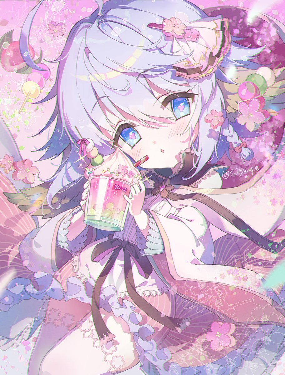 ahoge animal_ears asymmetrical_eyewear bow dango detached_sleeves dress_bow drink flower-shaped_pupils food granblue_fantasy hair_ornament harvin heterochromatic_eyewear highres sanshoku_dango soriya symbol-shaped_pupils wagashi wamdus_(granblue_fantasy)