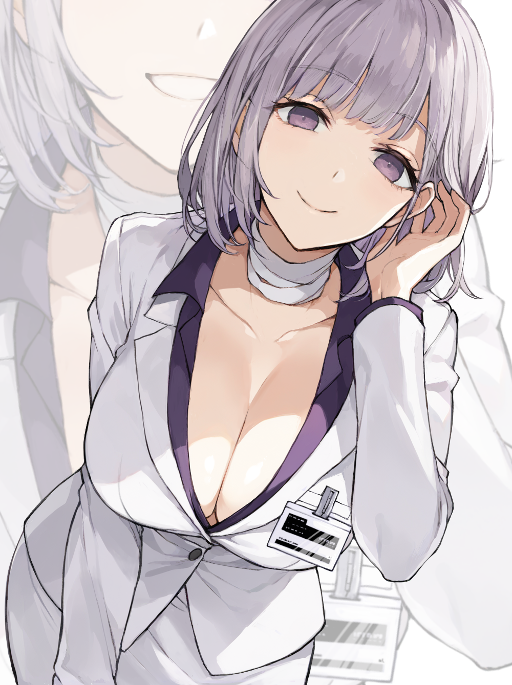 1girl bandaged_neck bandages breasts cleavage collarbone girls'_frontline grey_hair highres jacket large_breasts long_sleeves looking_at_viewer puffy_long_sleeves puffy_sleeves purple_shirt rpk-16_(girls'_frontline) shirt short_hair smile solo suit upper_body white_jacket yu_416416