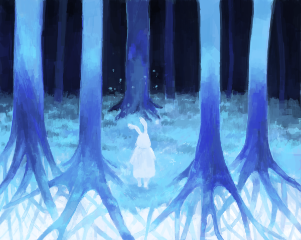 1other animal_ears bad_drawr_id bad_id blue_theme darkness facing_away forest from_behind grass hood hood_up nature oekaki original rabbit_ears roots shirt skywalker standing white_shirt