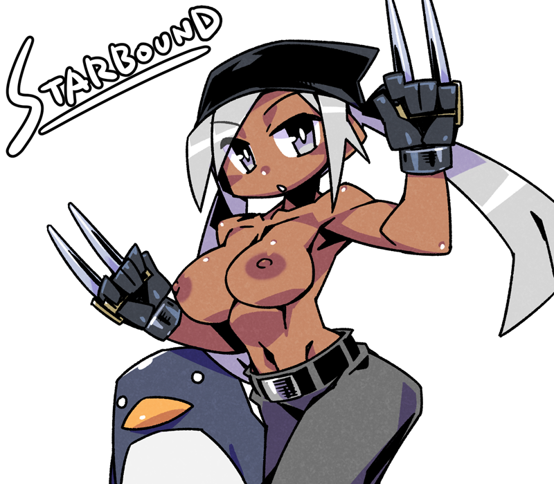 1girl bandana belt bird black_bandana black_belt breasts cannsk claw_(weapon) commentary_request dark-skinned_female dark_skin eyes_visible_through_hair grey_eyes grey_hair grey_pants groin large_breasts linea_alba navel nipples original pants penguin solo toned topless twintails weapon