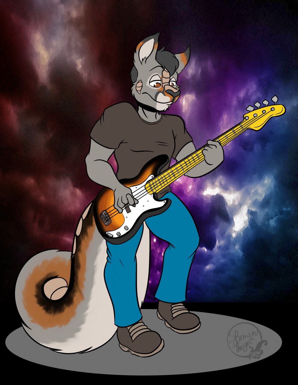 5_fingers anthro armadillo bass_guitar black_body black_fur black_hair bottomwear brown_eyes clothing denim denim_bottomwear denim_clothing fingers footwear fur grey_body grey_fur guitar hair hi_res hybrid jeans jerrod_(tenpoundhammer) male mammal musical_instrument pants plucked_string_instrument rodent sciurid shawnthegirl shoes solo string_instrument striped_body striped_fur stripes tree_squirrel xenarthran