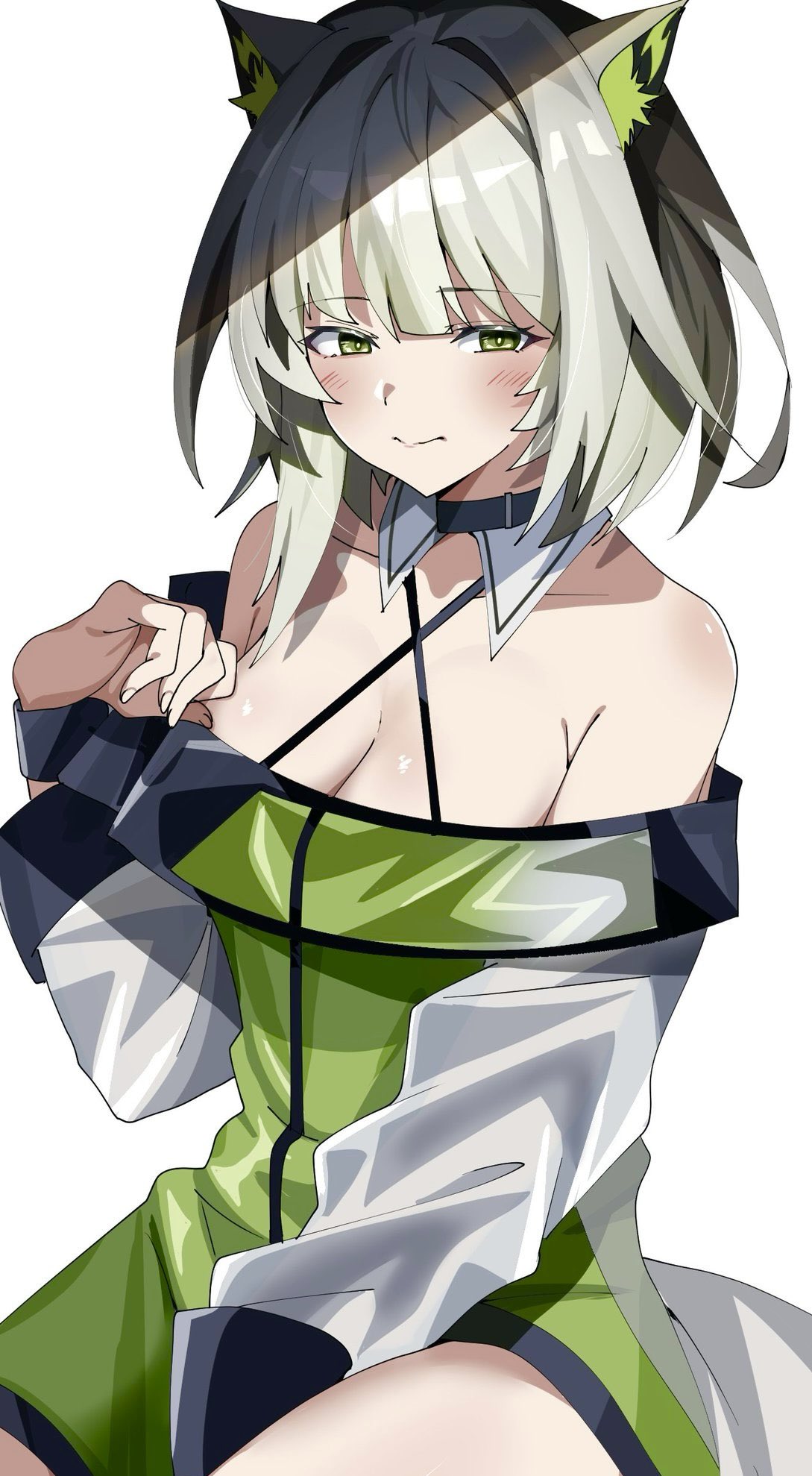 1girl :&gt; animal_ear_fluff animal_ears arknights bare_shoulders blush breasts cat_ears cat_girl cleavage closed_mouth commentary_request criss-cross_halter dress green_dress green_eyes green_hair halterneck highres kal'tsit_(arknights) long_sleeves looking_at_viewer medium_breasts nagi_(naginagi102710) off-shoulder_dress off_shoulder puffy_long_sleeves puffy_sleeves short_hair simple_background solo white_background