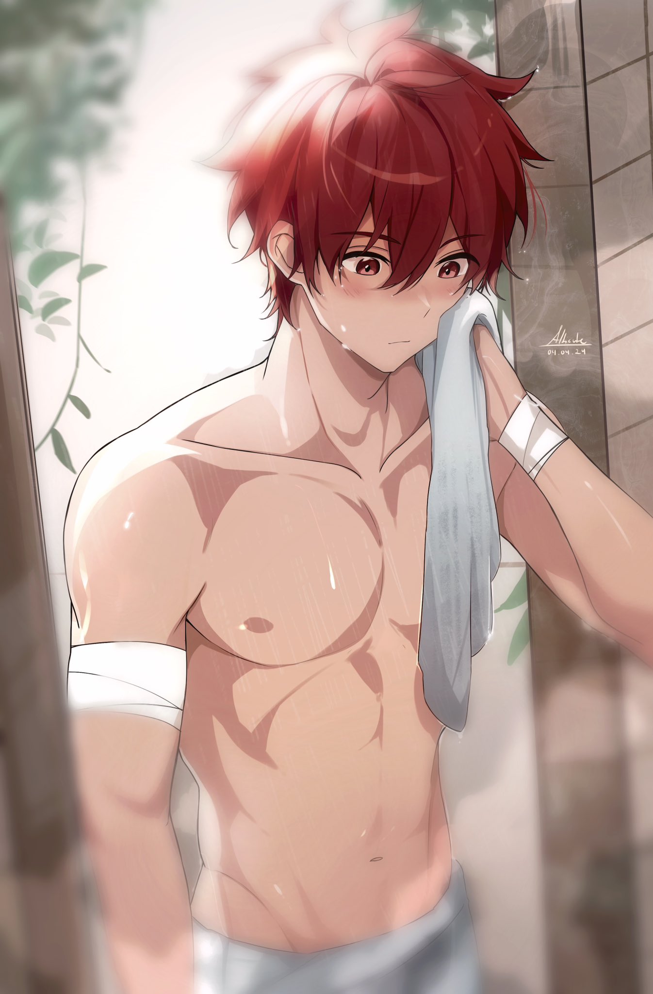 1boy alticute alticute_(vtuber) bandaged_arm bandages blurry blurry_foreground blush closed_mouth collarbone hair_between_eyes highres holding holding_towel indie_virtual_youtuber looking_down male_focus naked_towel navel nipples pectorals plant red_eyes red_hair short_hair signature solo toned toned_male topless_male towel virtual_youtuber wet wiping_face
