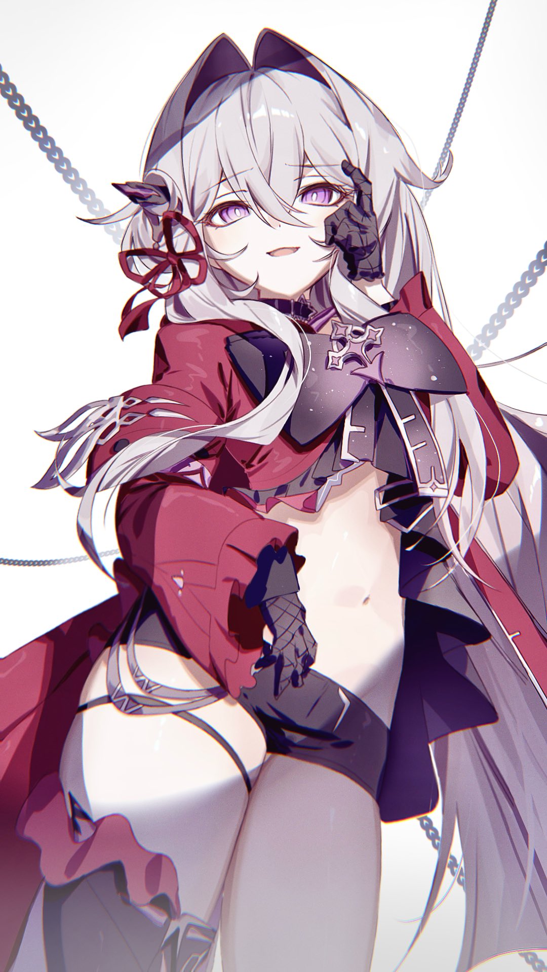 1girl anklet arm_on_own_head belly black_choker black_gloves black_shorts bright_pupils chain choker cross gloves hair_ornament highres honkai_(series) honkai_impact_3rd jacket jewelry karamaru626 long_hair long_sleeves looking_at_viewer naughty_face navel open_mouth purple_eyes purple_ribbon red_jacket red_ribbon ribbon ribbon_hair_ornament shorts simple_background single_bare_leg single_leg_pantyhose smile thelema_(honkai_impact) very_long_hair white_background white_hair white_pupils