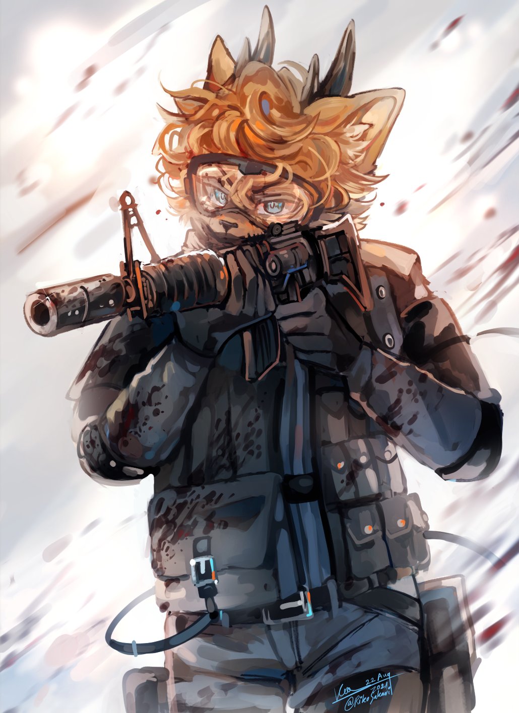 5_fingers anthro blue_eyes clothed clothing felid feline fingers fur gun hair hi_res holding_gun holding_object holding_ranged_weapon holding_weapon horn inner_ear_fluff male mammal ranged_weapon riko_sakari rikosakari solo tuft weapon