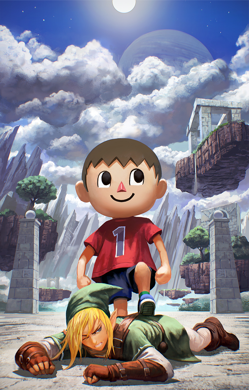 2boys animal_crossing blonde_hair blue_shorts blue_sky brown_footwear brown_gloves brown_hair cloud fingerless_gloves floating_island gloves green_tunic highres link multiple_boys nintendo noba outdoors pointy_ears print_shirt red_shirt shirt shorts sky super_smash_bros. the_legend_of_zelda tree villager_(animal_crossing)