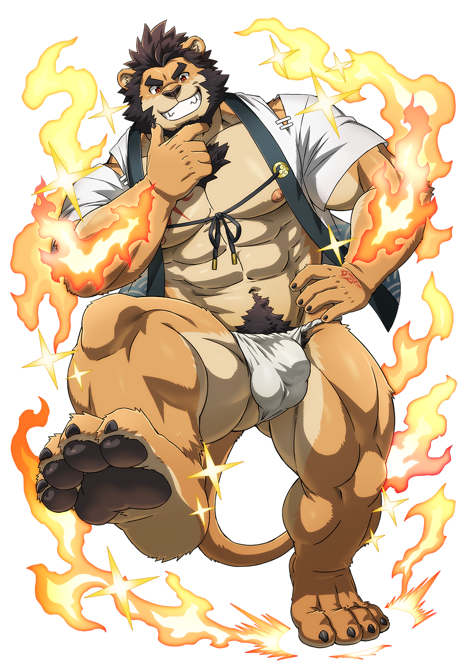 1boy abs alca_(wakatanka4) alca_the_lion animal_ears bara bare_pectorals beard black_hair bulge covered_penis facial_hair feet fiery_aura fire full_beard full_body fundoshi furry furry_male gyee hand_on_own_chin highres japanese_clothes large_pectorals lion_boy lion_ears lion_tail looking_at_viewer male_focus mature_male muscular muscular_male navel navel_hair nipples original pectorals presenting_foot pyrokinesis rossciaco seductive_smile short_hair smile soles solo sparkle_background standing stomach stroking_beard stroking_own_chin strongman_waist tail thick_beard thick_eyebrows thick_navel_hair thick_thighs thighs