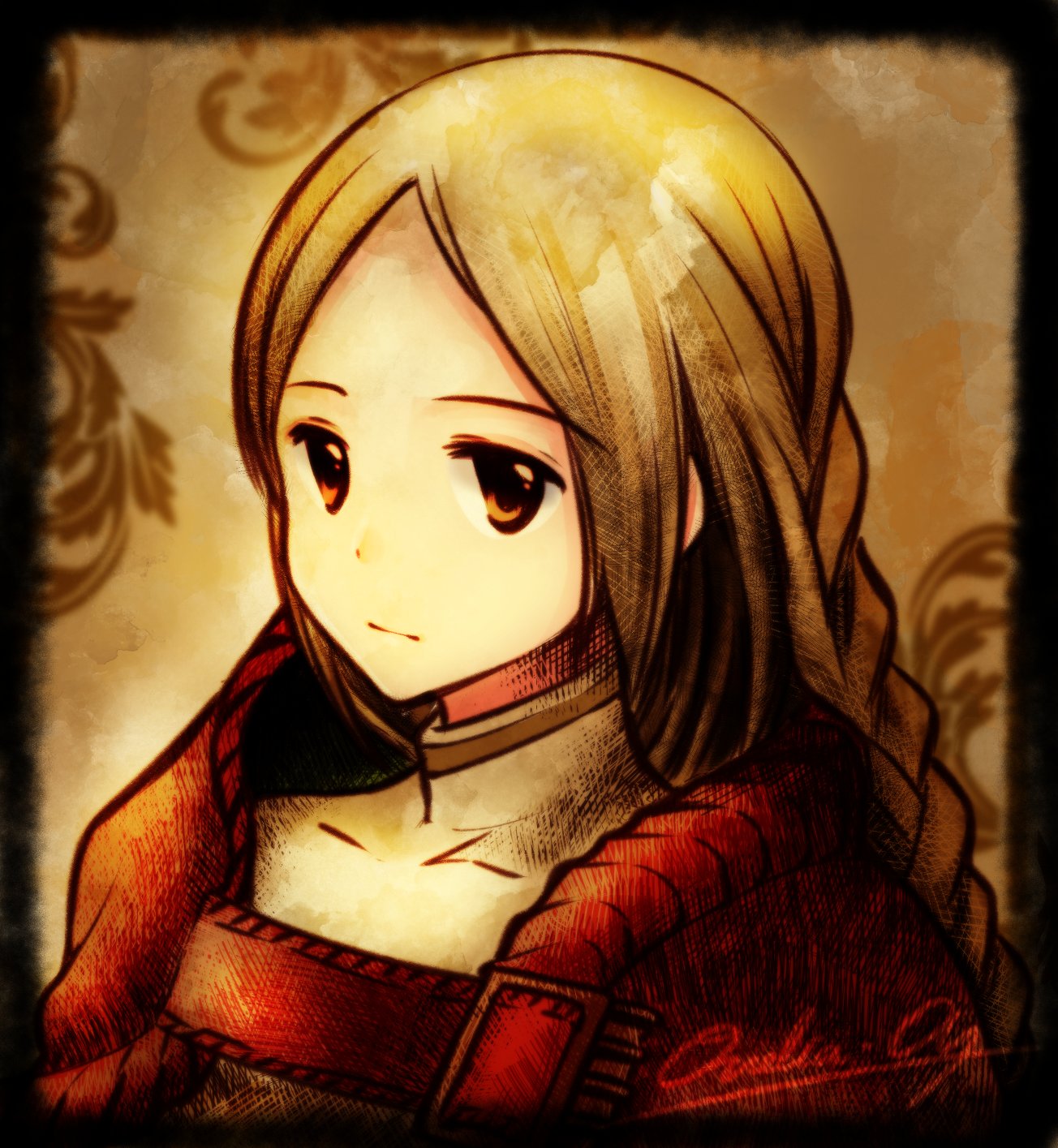 1girl blonde_hair braid brown_eyes cape character_name closed_mouth dress final_fantasy final_fantasy_tactics highres looking_at_viewer ovelia_atkascha red_cape seioudou signature simple_background solo upper_body white_dress