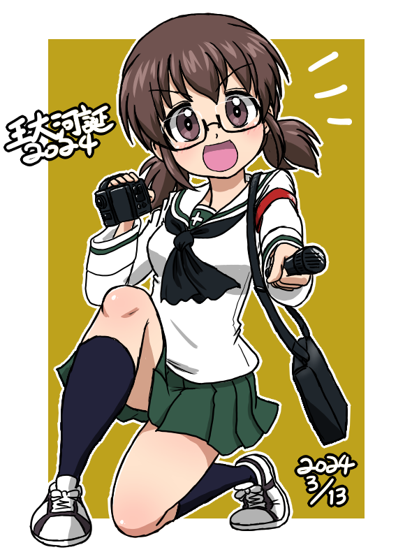 1girl 2024 bag birthday black-framed_eyewear black_neckerchief black_socks blouse brown_background brown_eyes brown_hair camera carrying character_name commentary dated girls_und_panzer glasses green_skirt holding holding_camera holding_microphone long_sleeves looking_at_viewer low_twintails microphone miniskirt neckerchief notice_lines on_one_knee ooarai_school_uniform open_mouth ou_taiga outline pleated_skirt sailor_collar satchel school_uniform semi-rimless_eyewear serafuku shirt shoes short_hair skirt smile sneakers socks solo takahashi_kurage translated twintails under-rim_eyewear white_footwear white_outline white_sailor_collar white_shirt