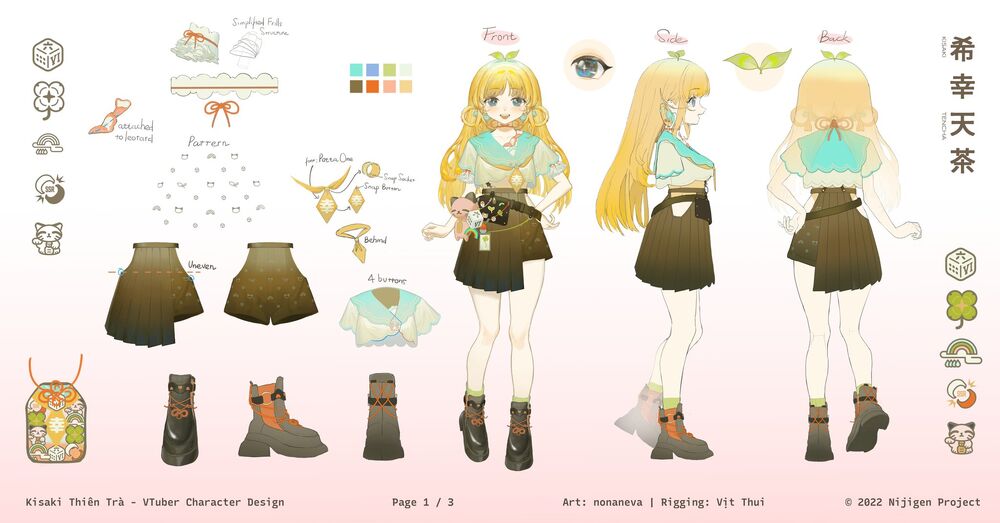 aqua_serafuku bad_source blonde_hair blue_eyes brown_skirt clover four-leaf_clover hair_ornament hand_on_own_hip kisaki_tencha leaf_hair_ornament long_hair nijigen_project open_mouth pleated_skirt reference_sheet shoes skirt smile virtual_youtuber