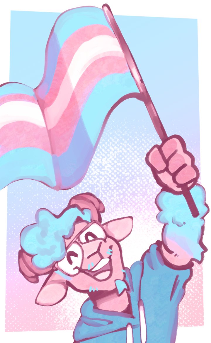 anthro blue_background blue_body blue_fur bovid caprine clothing curved_horn eyes_closed eyewear flag fur glasses hoodie horn lgbt_pride male mammal moche_(mocheccino) mocheccino open_mouth open_smile pink_body pink_fur pride_colors sheep simple_background smile solo stubble topwear trans_visibility_day transgender_pride_colors wool_(fur) wool_hair