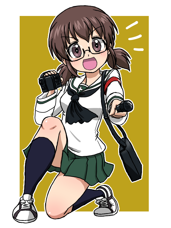 1girl bag black-framed_eyewear black_neckerchief black_socks blouse brown_background brown_eyes brown_hair camera carrying girls_und_panzer glasses green_skirt holding holding_camera holding_microphone long_sleeves looking_at_viewer low_twintails microphone miniskirt neckerchief notice_lines on_one_knee ooarai_school_uniform open_mouth ou_taiga outline pleated_skirt sailor_collar satchel school_uniform semi-rimless_eyewear serafuku shirt shoes short_hair skirt smile sneakers socks solo takahashi_kurage textless_version twintails under-rim_eyewear white_footwear white_outline white_sailor_collar white_shirt